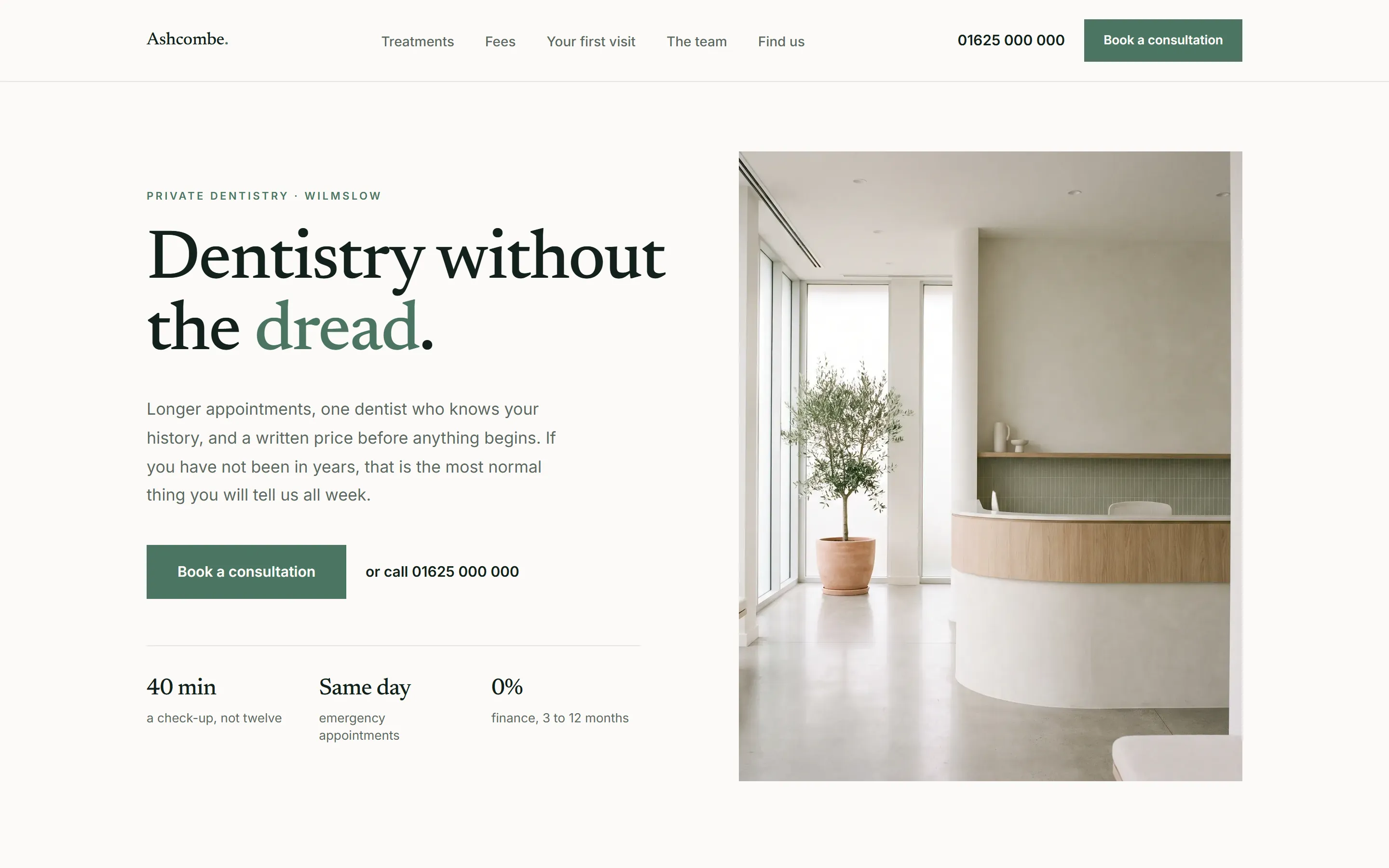 Ashcombe Dental, a demonstration design for a fictional business, home page