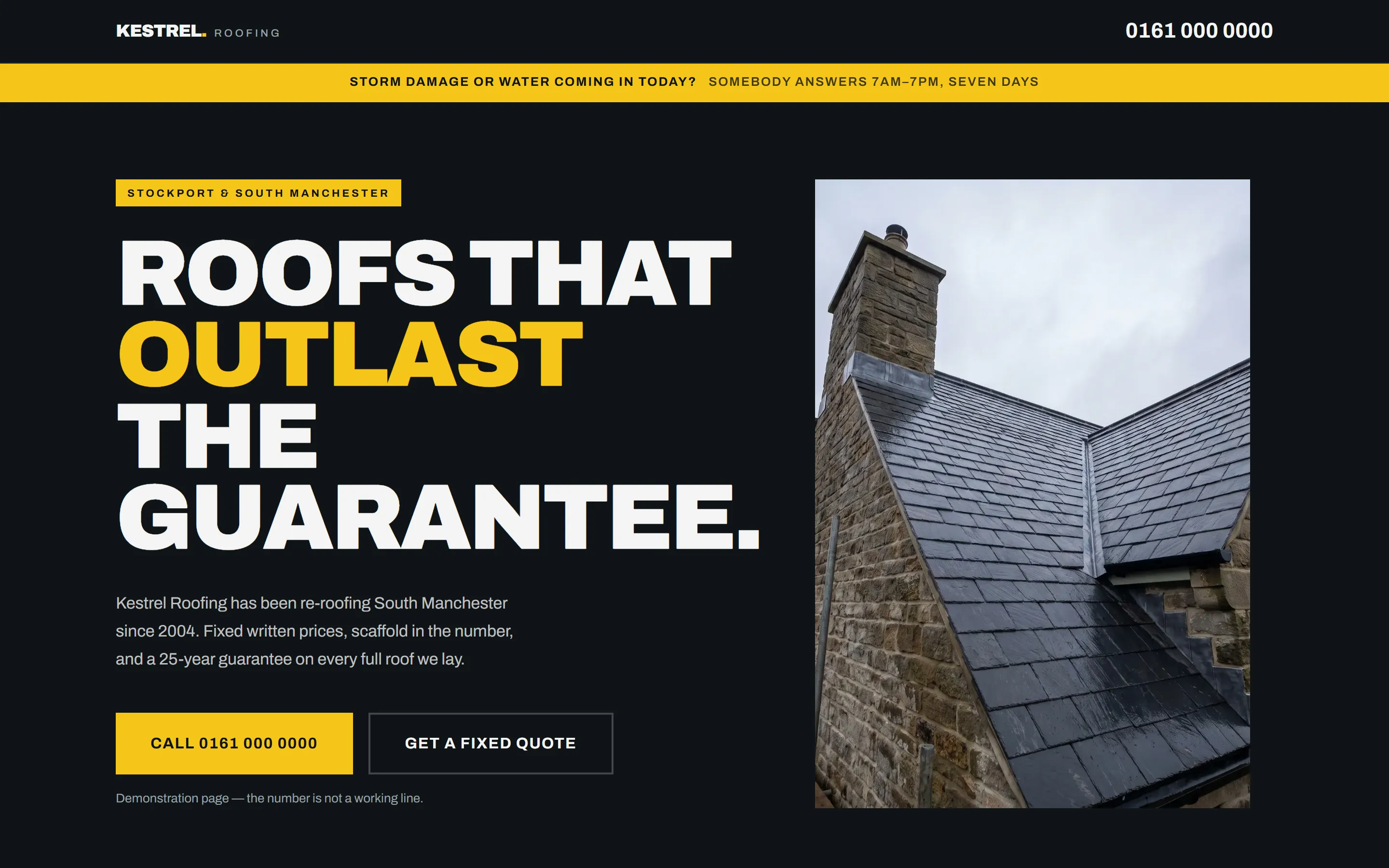 Kestrel Roofing, a demonstration design for a fictional business, home page